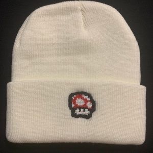 Mario Red 1UP Mushroom on white beanie